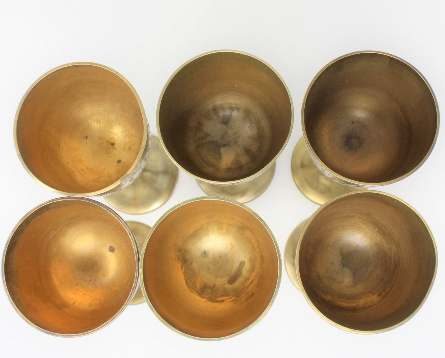 Wine Glasses, Hand Carved Brass, Set of 6, Vintage
