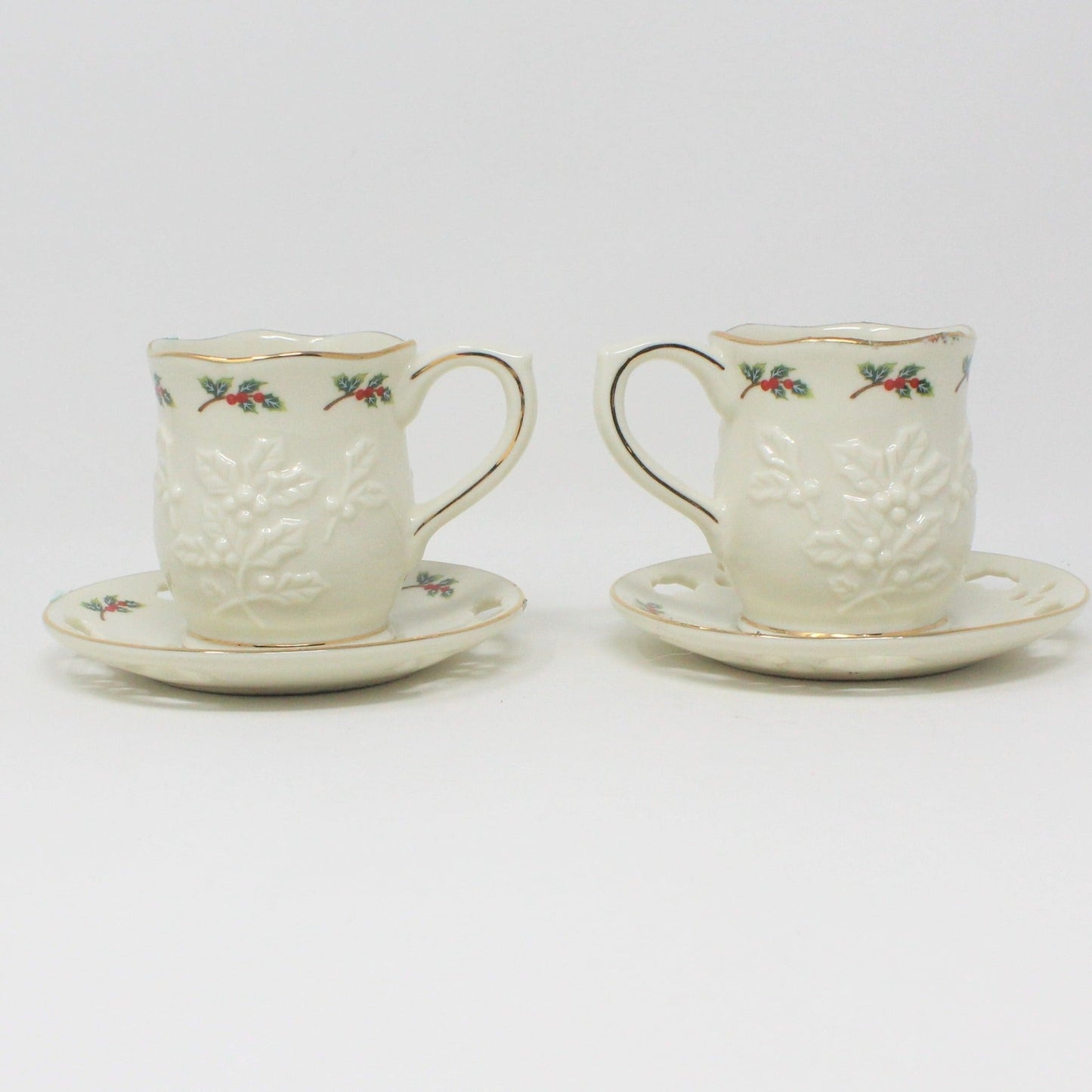 Demitasse & Saucer, Partylite, Christmas Holly Leaf, Set of 2