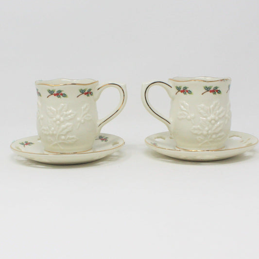 Demitasse & Saucer, Partylite, Christmas Holly Leaf, Set of 2