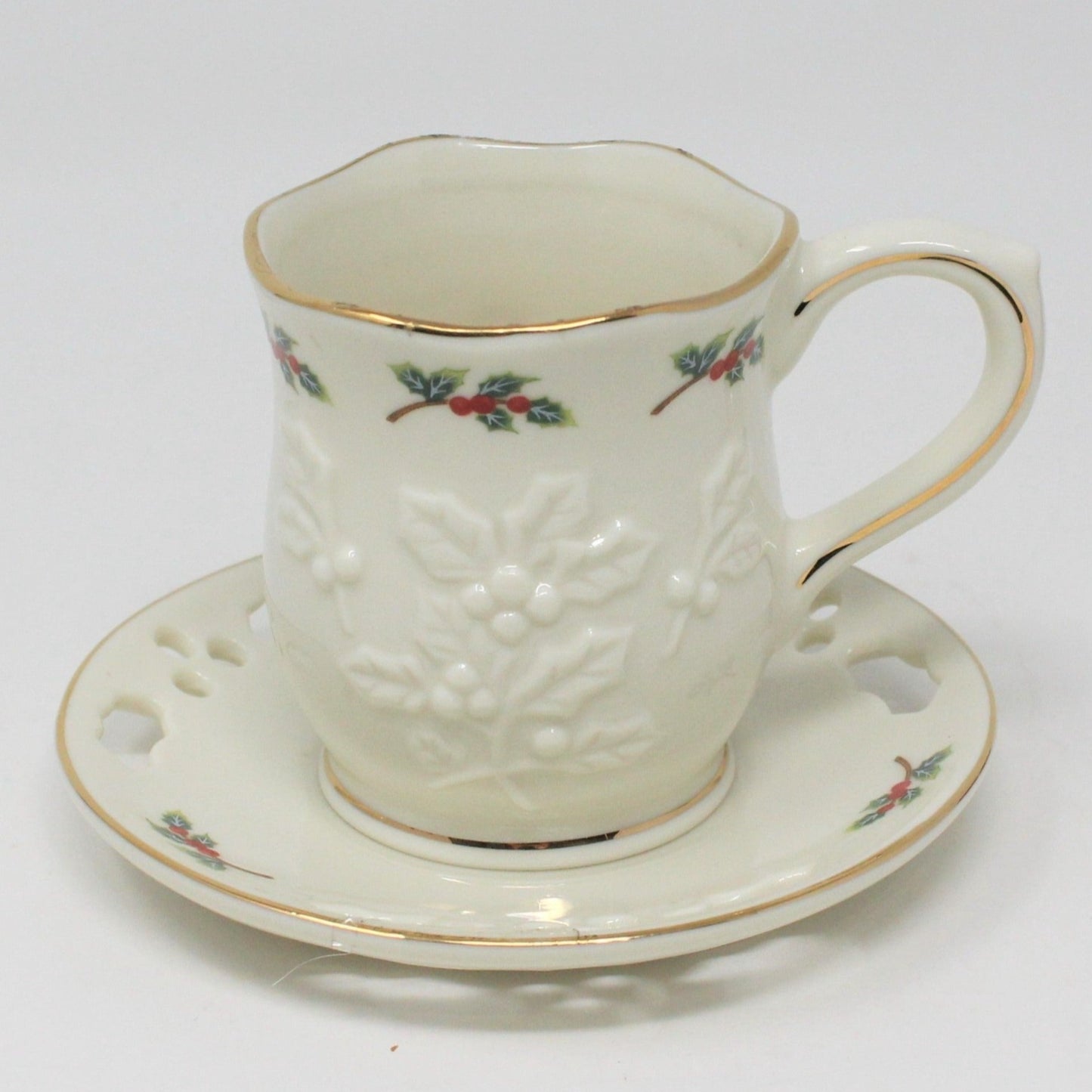 Demitasse & Saucer, Partylite, Christmas Holly Leaf, Set of 2