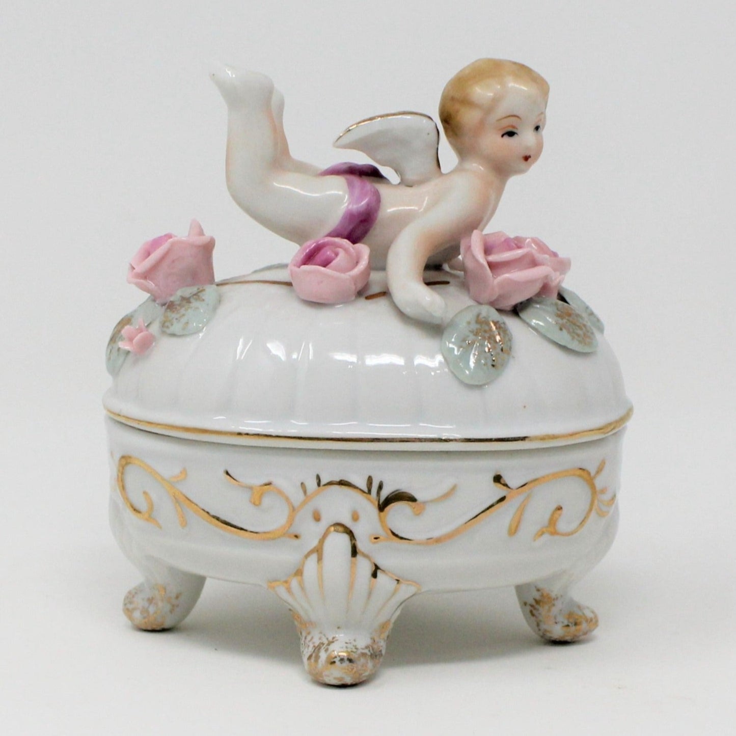 Trinket Box, Ucagco, Cherub Angel, Hand Painted, Porcelain Applied Roses, Vintage