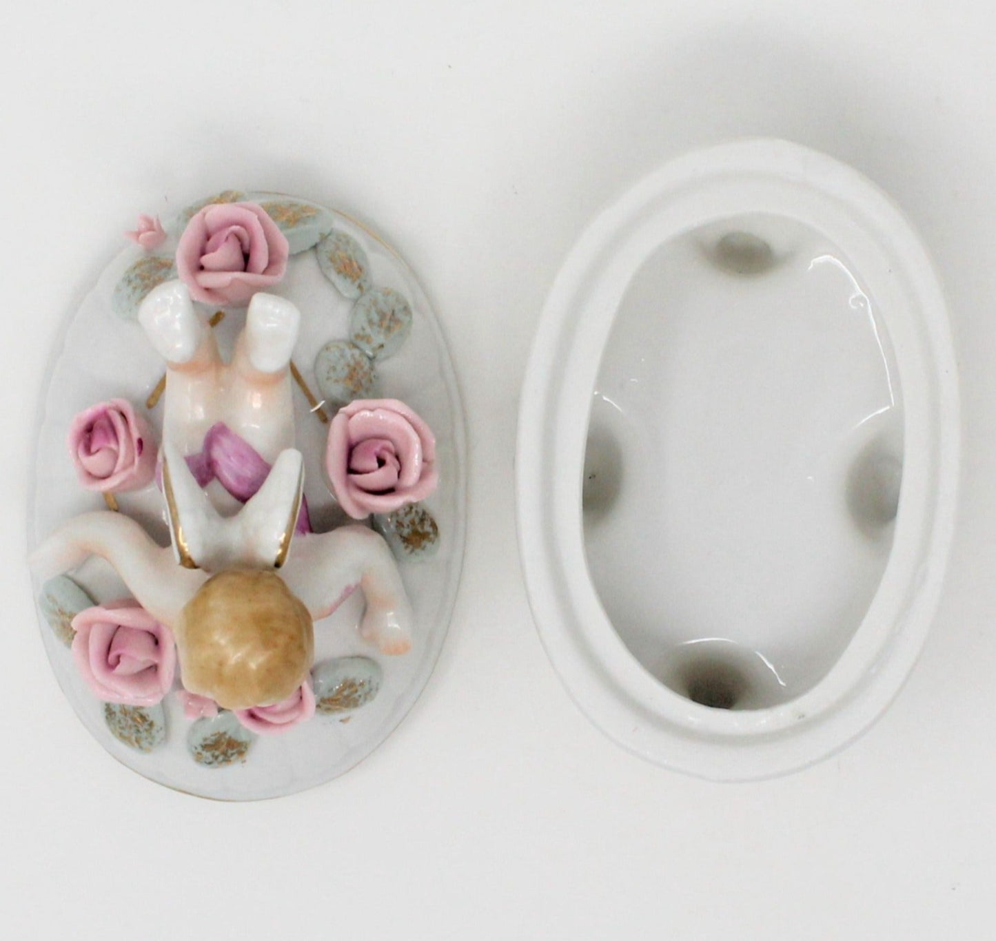 Trinket Box, Ucagco, Cherub Angel, Hand Painted, Porcelain Applied Roses, Vintage