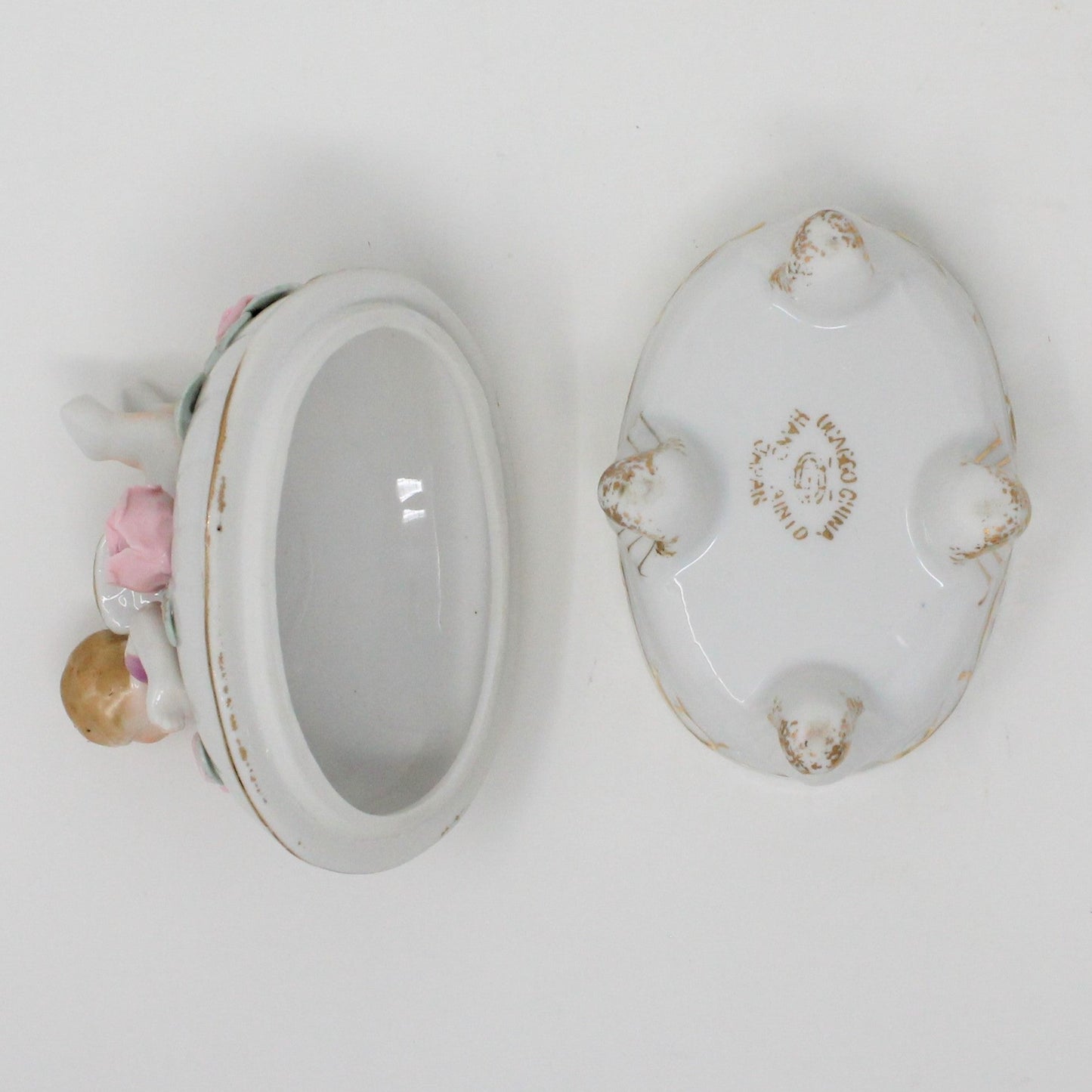 Trinket Box, Ucagco, Cherub Angel, Hand Painted, Porcelain Applied Roses, Vintage