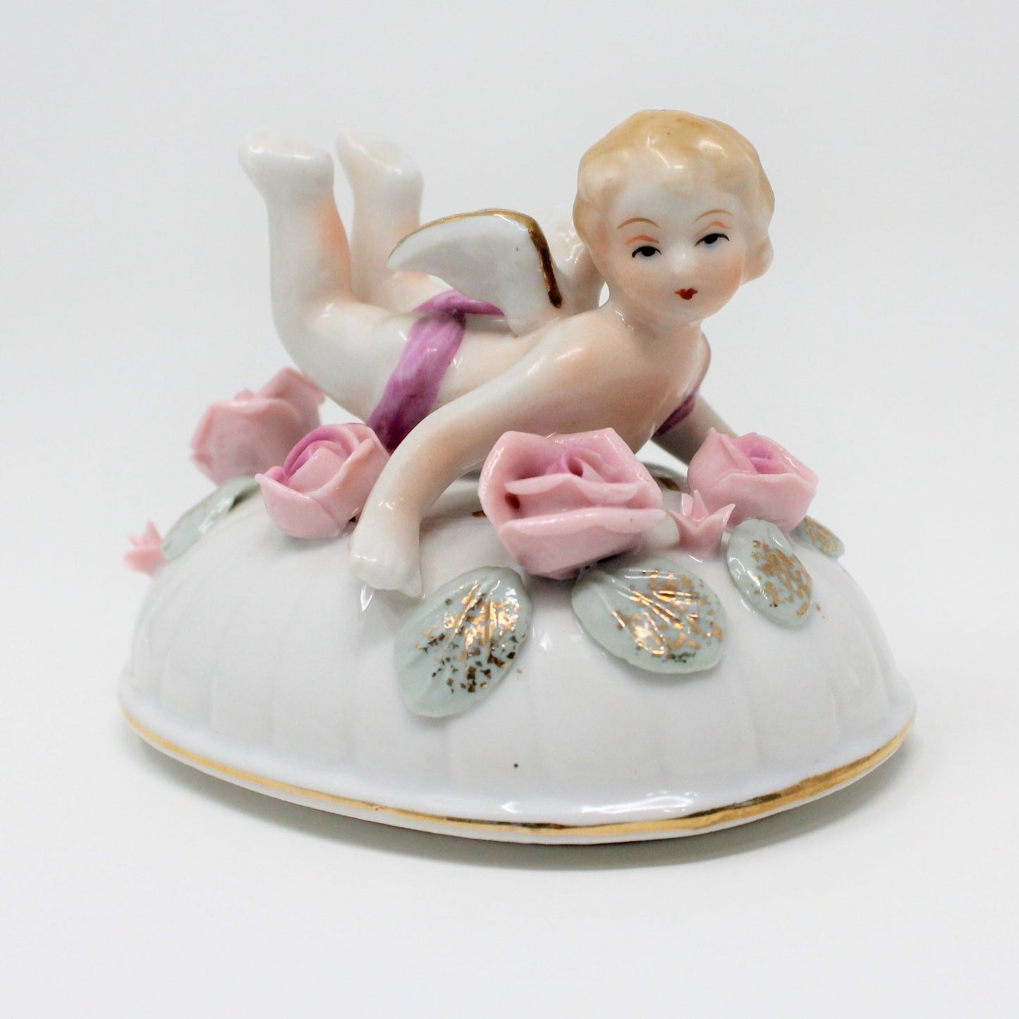 Trinket Box, Ucagco, Cherub Angel, Hand Painted, Porcelain Applied Roses, Vintage