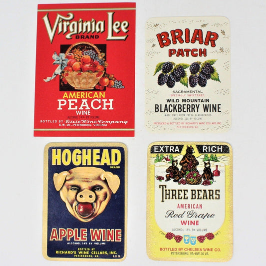 Set of 4 vintage wine labels, all fruit wines from Petersburg, VA. Uncirculated