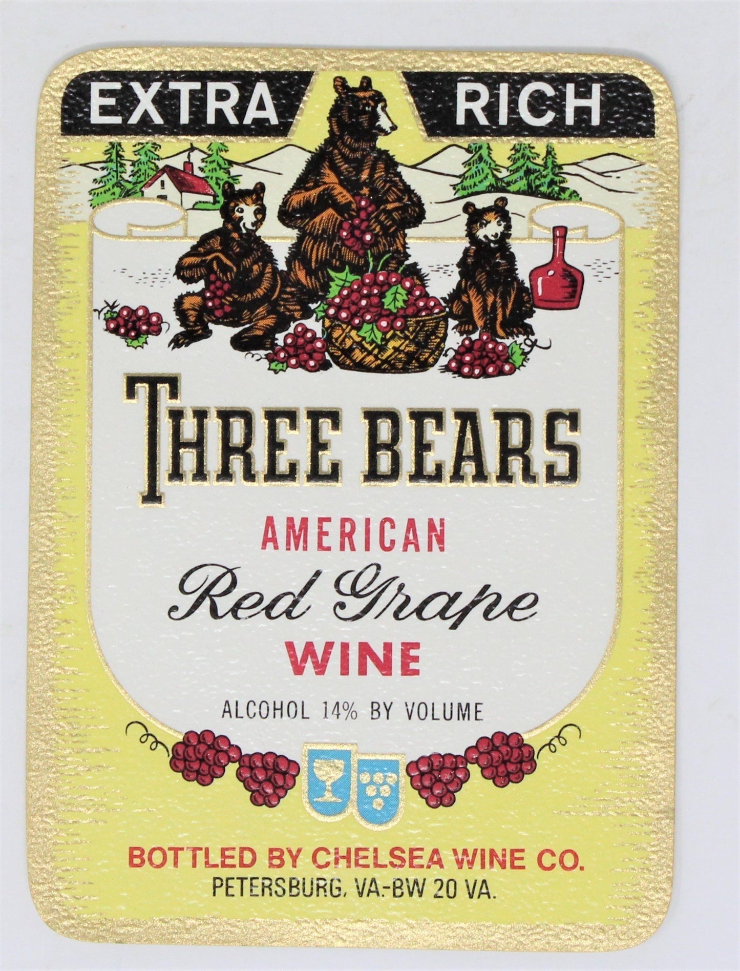 Vintage Wine Label, Three Bears American Red Grape Wine, Uncirculated