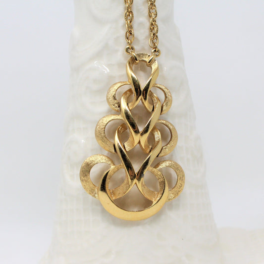 Pendant Necklace, Trifari Crown, Scrollwork, Swirled Ribbons Pendant, Brushed Gold Tone, Vintage
