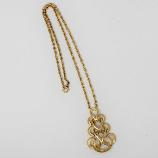 Pendant Necklace, Trifari Crown, Scrollwork, Swirled Ribbons Pendant, Brushed Gold Tone, Vintage