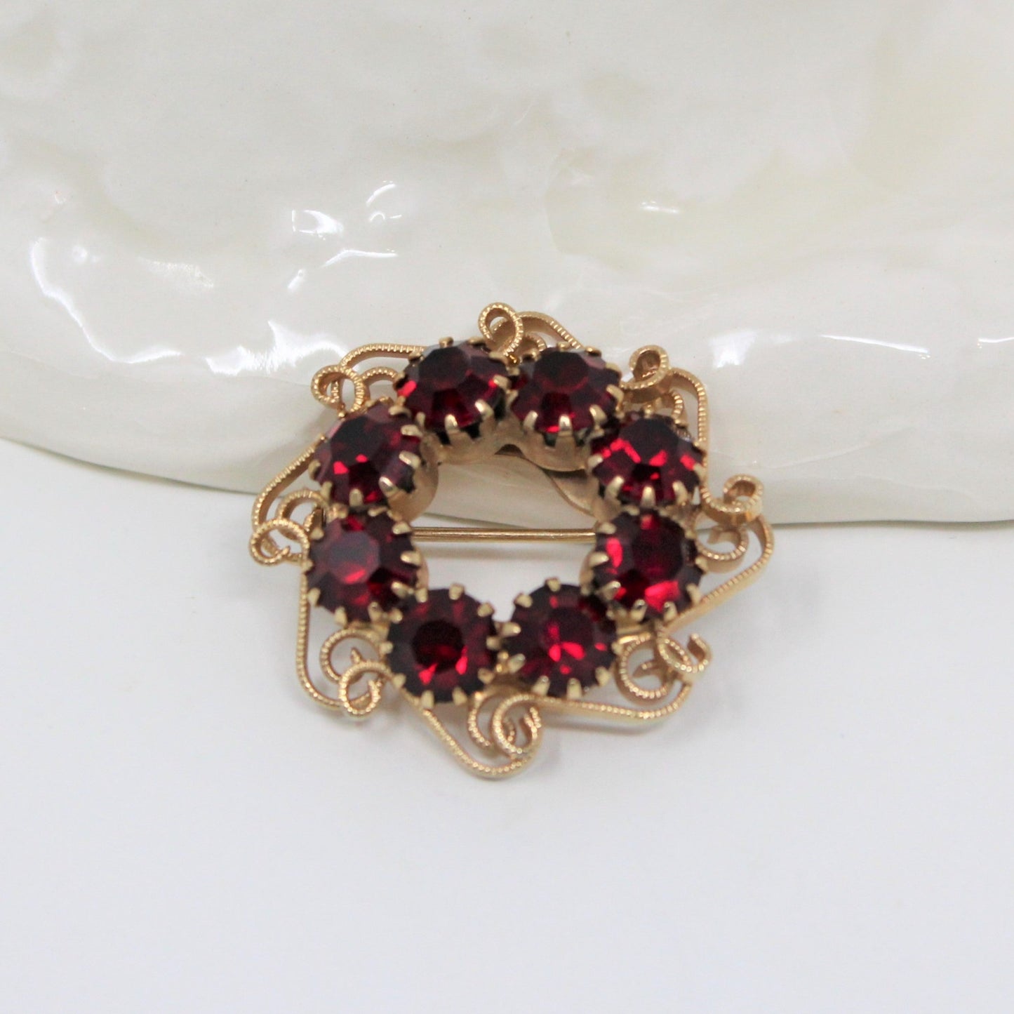 Brooch / Pin and Earrings Set, Red Rhinestones, Gold Filigree, Vintage