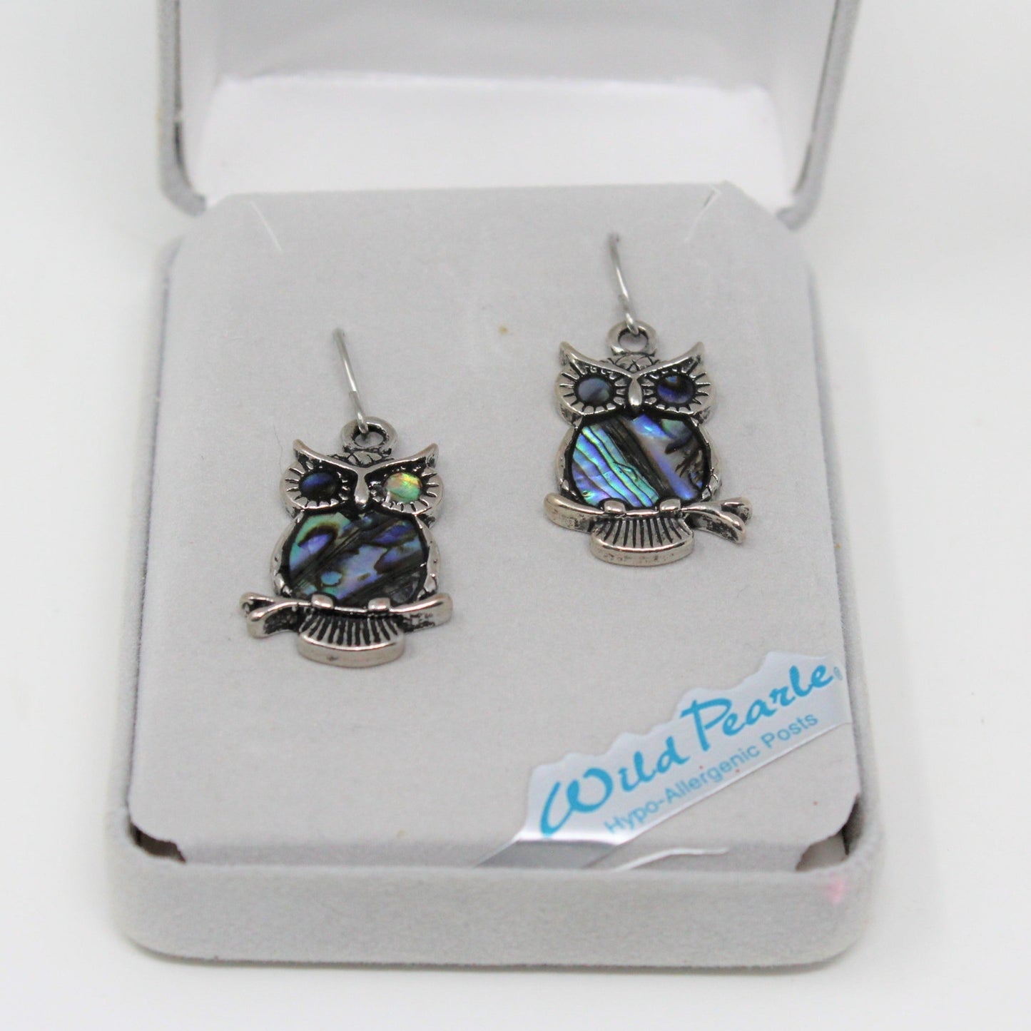 Earrings, Storrs Wild Pearle, Owl Shaped Abalone / Silverplated, Pierced