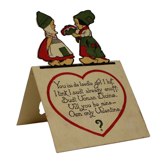 Valentine's Day card with two Dutch children and a heart-shaped question, card stands up.