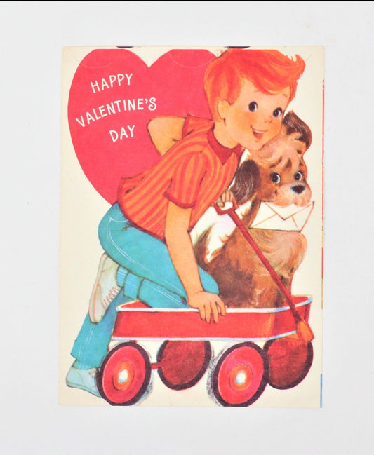 Greeting Card / Valentine's Day Card, Boy & Dog on Red Wagon, Hallmark Self Mailer, Vintage