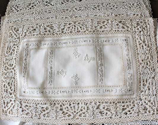 Placemats and Napkins with Runner Set, Embroidered / Reticella Lace, Set for 8, Antique