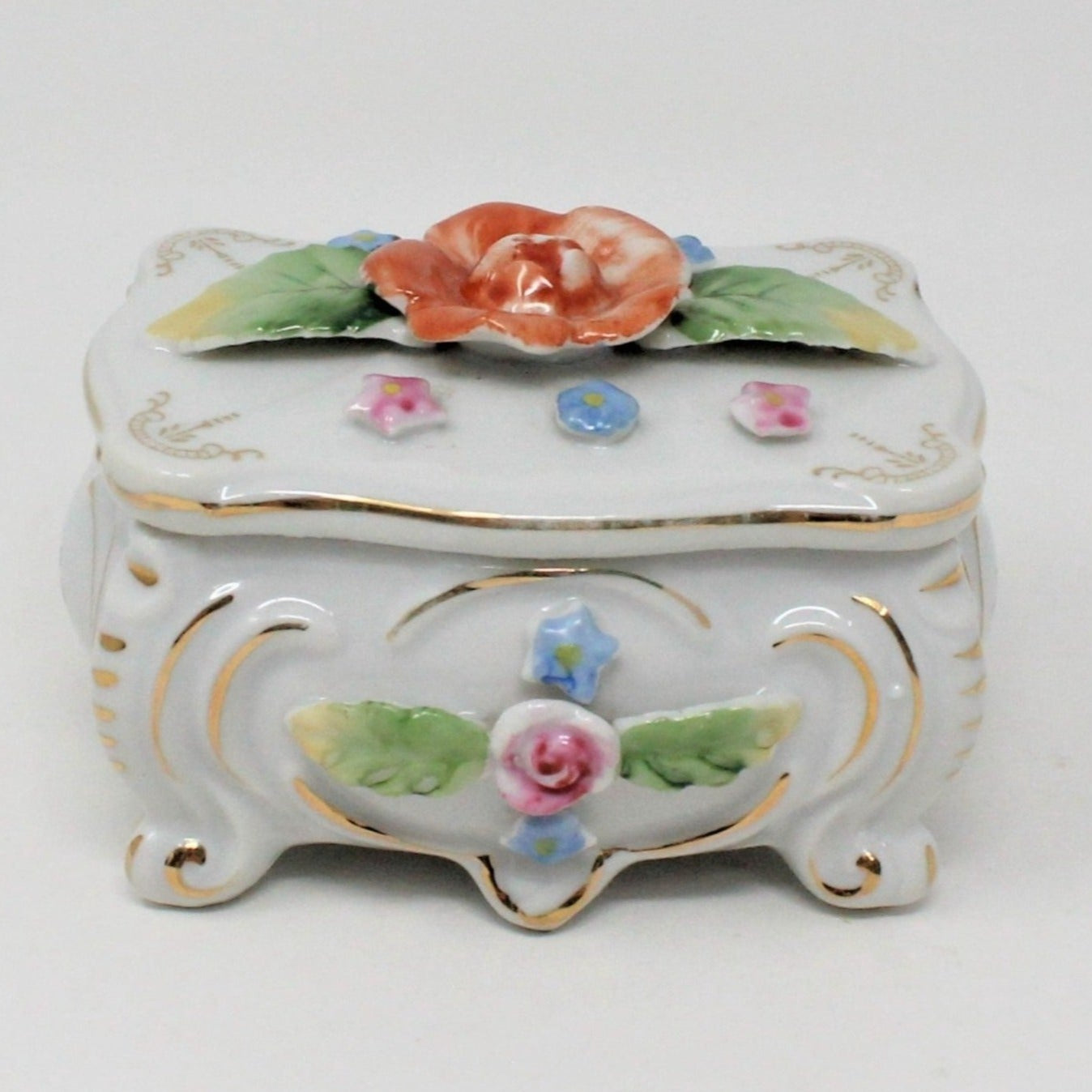 Vintage Porcelain Trinket Box, Hand Painted Rose, Japan