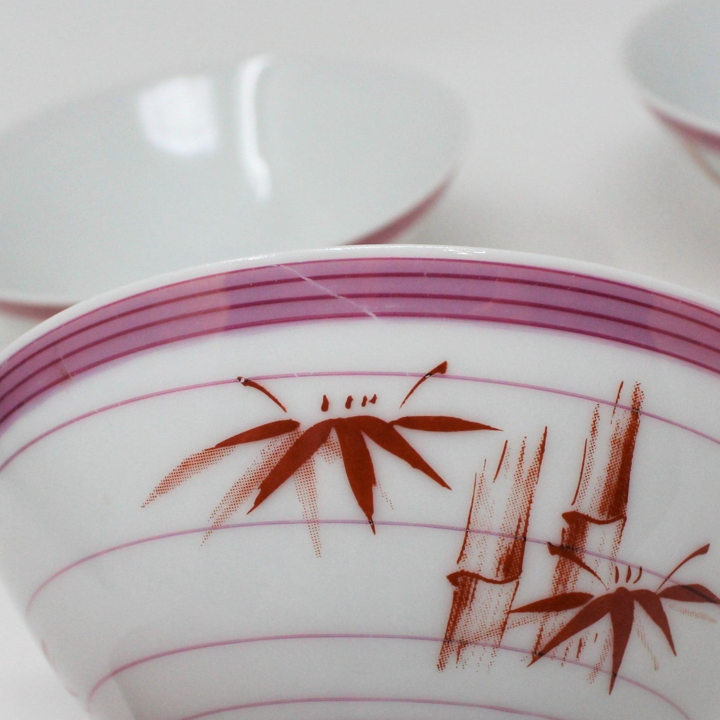 Rice Bowls, Red Bamboo & Pink Iridescent Stripes, Set of 3, Vintage