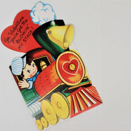 Greeting Card / Valentine, Movable, Boy Driving Train, Large 7", Unused, Vintage