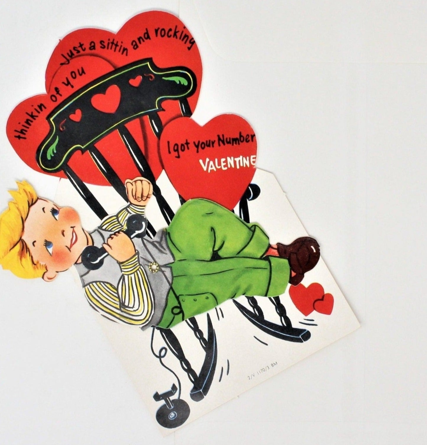Greeting Card / Valentine, Movable, Boy on Telephone, Large 7.5", Unused, Vintage