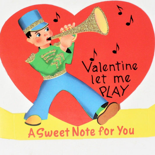 Greeting Card / Valentine, Boy with Trumpet, Glitter, Large 7.5", Unused, Vintage