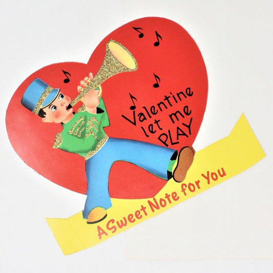 Greeting Card / Valentine, Boy with Trumpet, Glitter, Large 7.5", Unused, Vintage