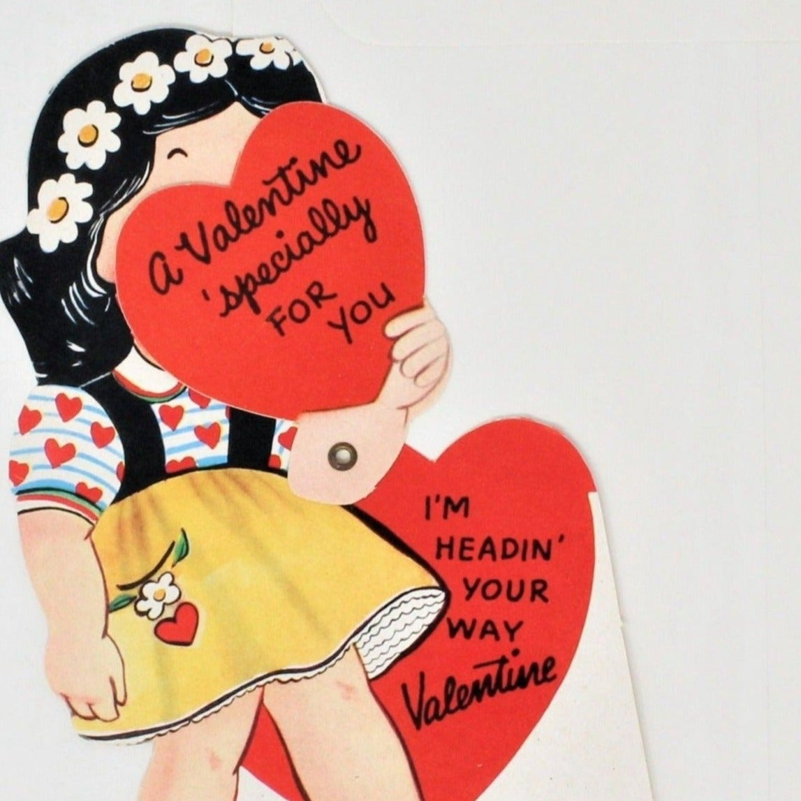 Greeting Card / Valentine, Movable, Girl with Heart, Large 7", Unused, Vintage