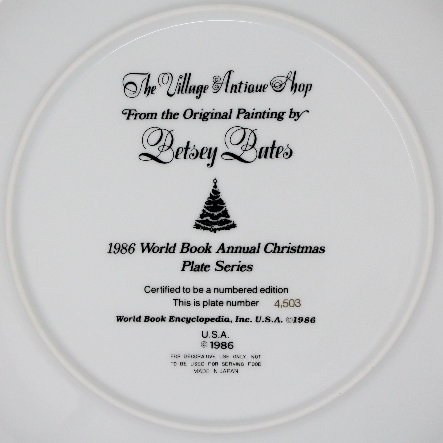 Decorative Plate, Betsey Bates, Christmas The Village Antique Shop, Vintage 1986