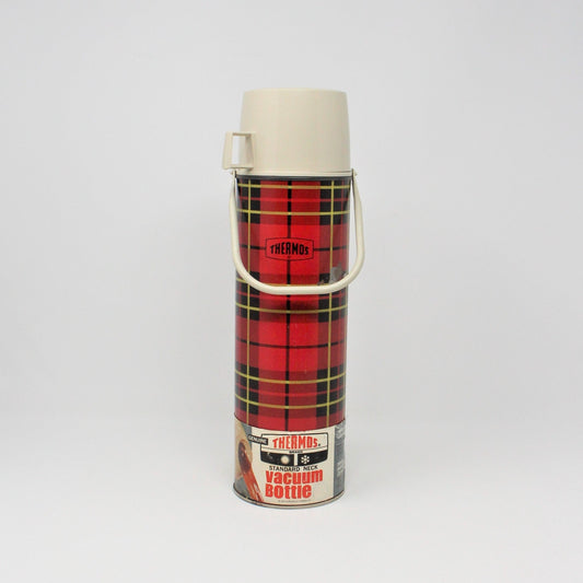 Thermos, King-Seeley, Red & Black Buffalo Plaid, Carrying Handle, Quart, Vintage 1964