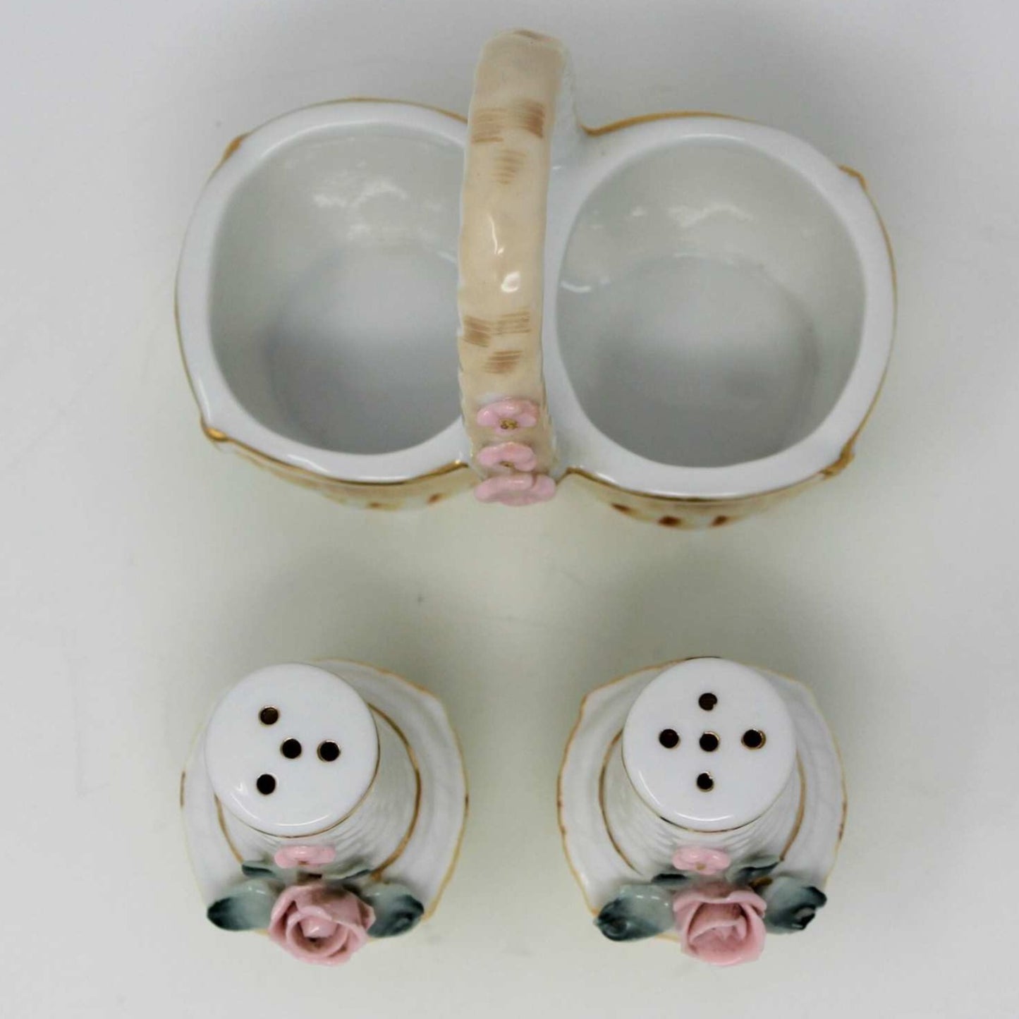 Salt and Pepper Shakers, Basket with Pink Roses, Porcelain Japan