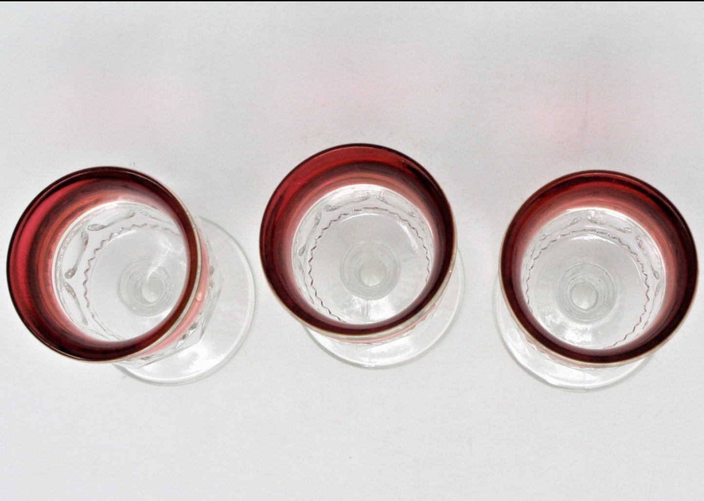 Cordials, Indiana Glass Kings Crown (Thumbprint) Ruby Iridescent, Set of 3, Vintage