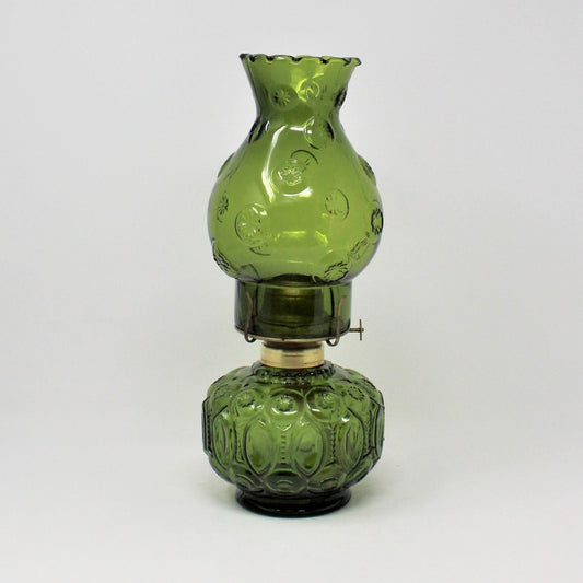 Oil Lamp, LE Smith, Moon and Stars Green Glass, P&A Burner, Vintage, SOLD