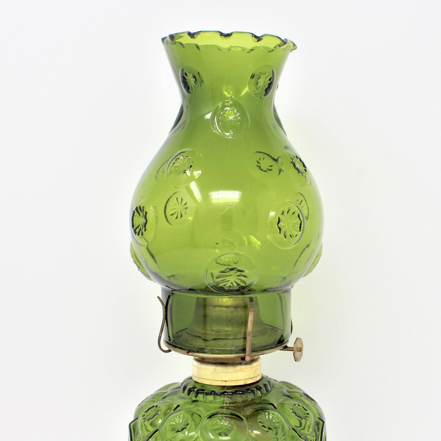 Oil Lamp, LE Smith, Moon and Stars Green Glass, P&A Burner, Vintage, SOLD