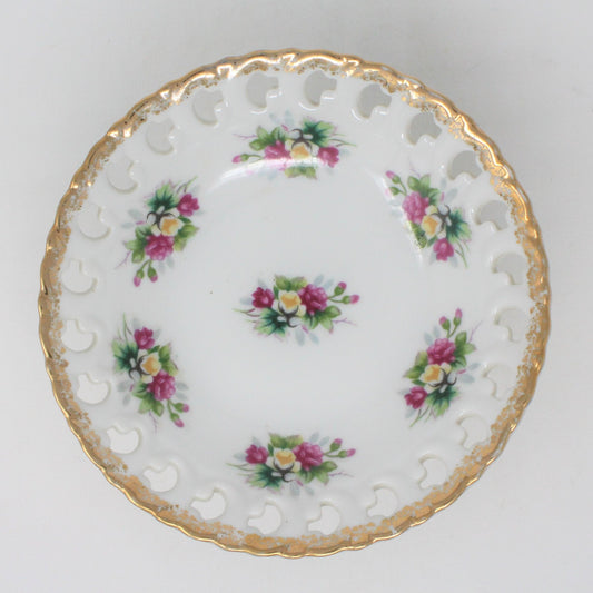 vintage footed bowl, romantic pink and yellow roses and brushed gold