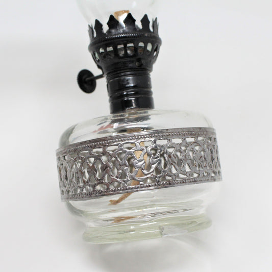 Oil Lamp, Mini, Clear Glass with Pierced Silver Metal Band, Vintage