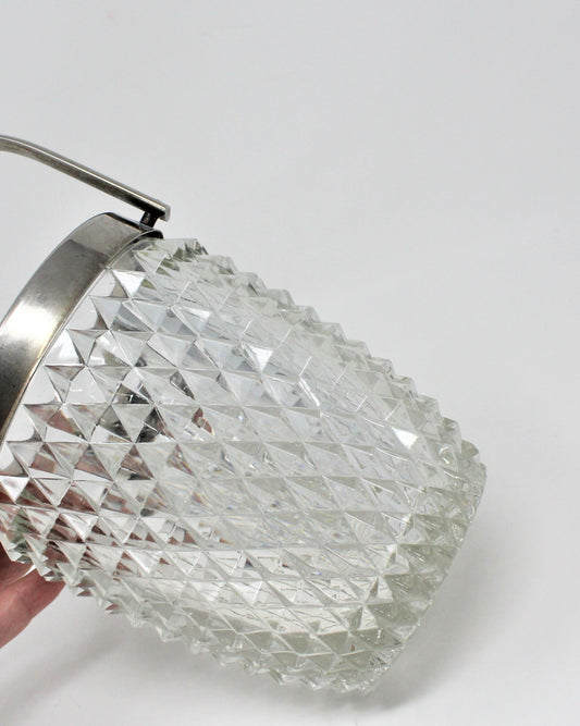 Ice Bucket, Indiana Glass, Diamond Point with Silver Handle, MCM, Vintage