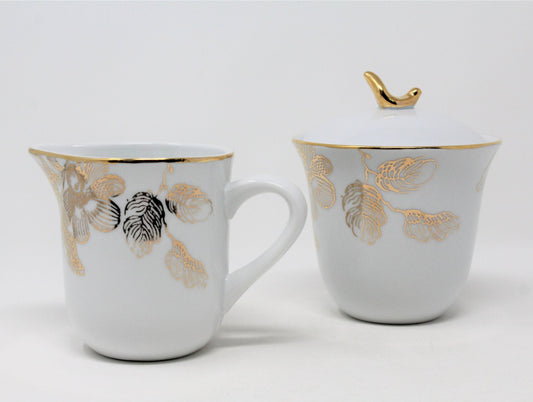 Creamer & Sugar with Lid, Avon, Expressions Gold Floral, Bone China