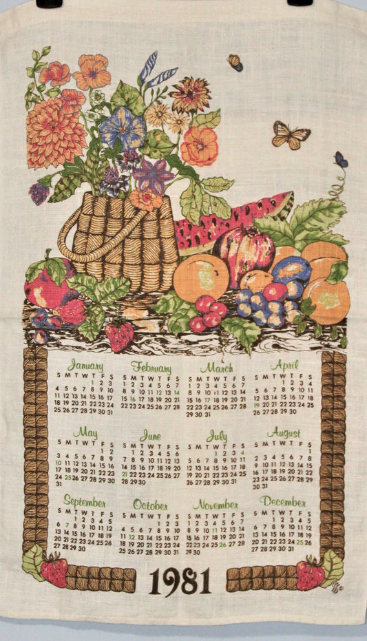 Vintage calendar tea towel, 1981. Basket with flowers and fruits. Linen