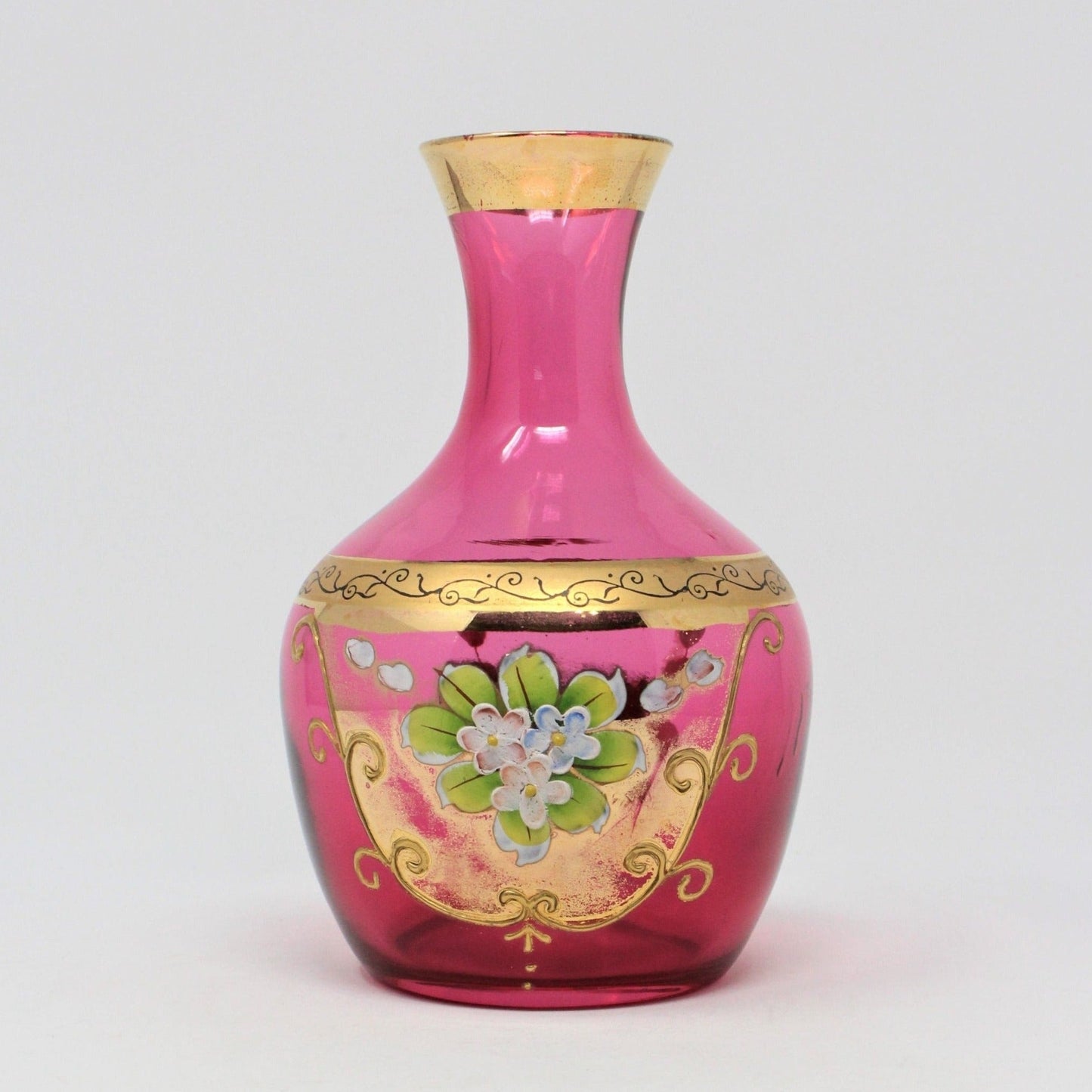 Vintage Blown Glass Vase in Cranberry with Hand Painted Florals, Gold Encrusted
