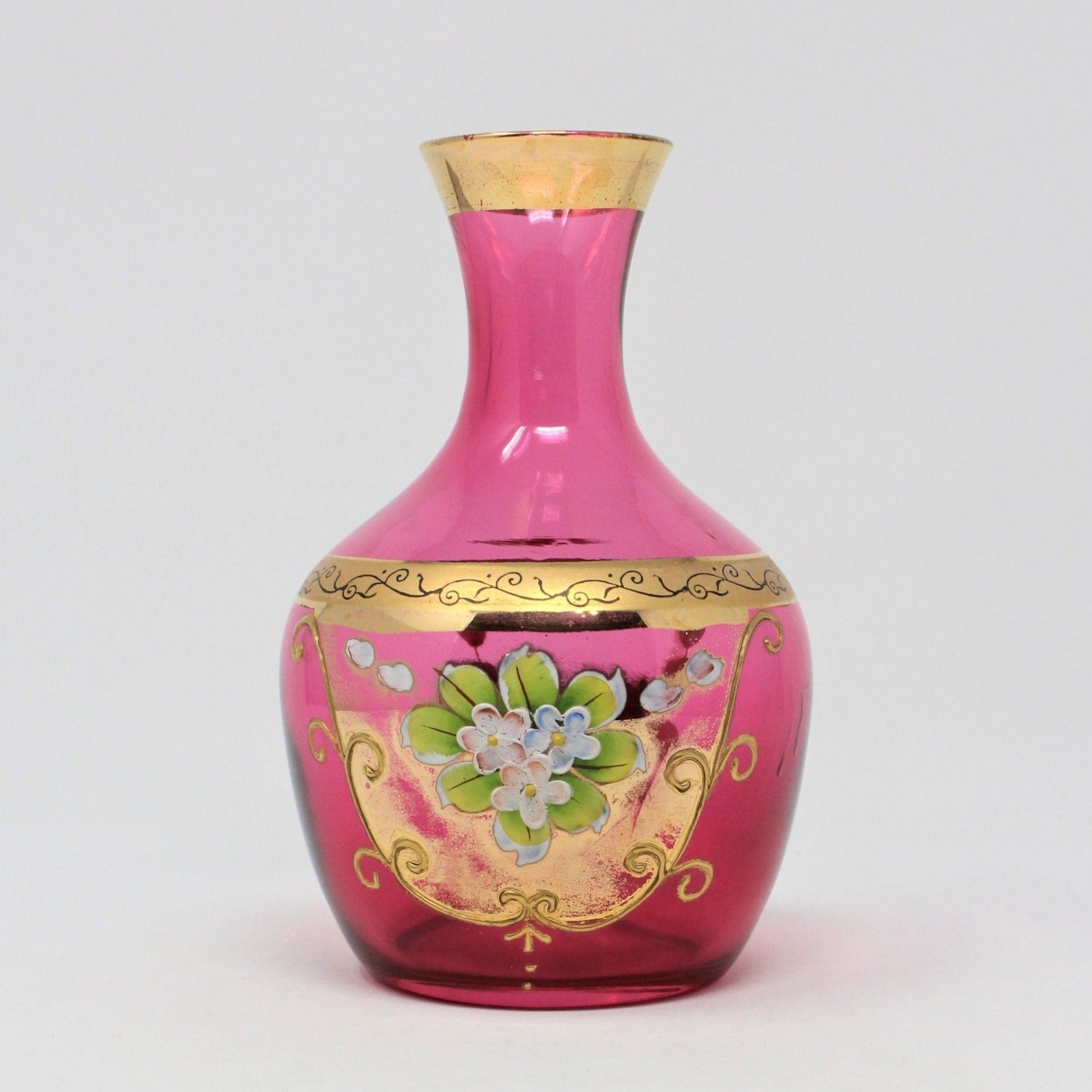 Vintage Blown Glass Vase in Cranberry with Hand Painted Florals, Gold Encrusted