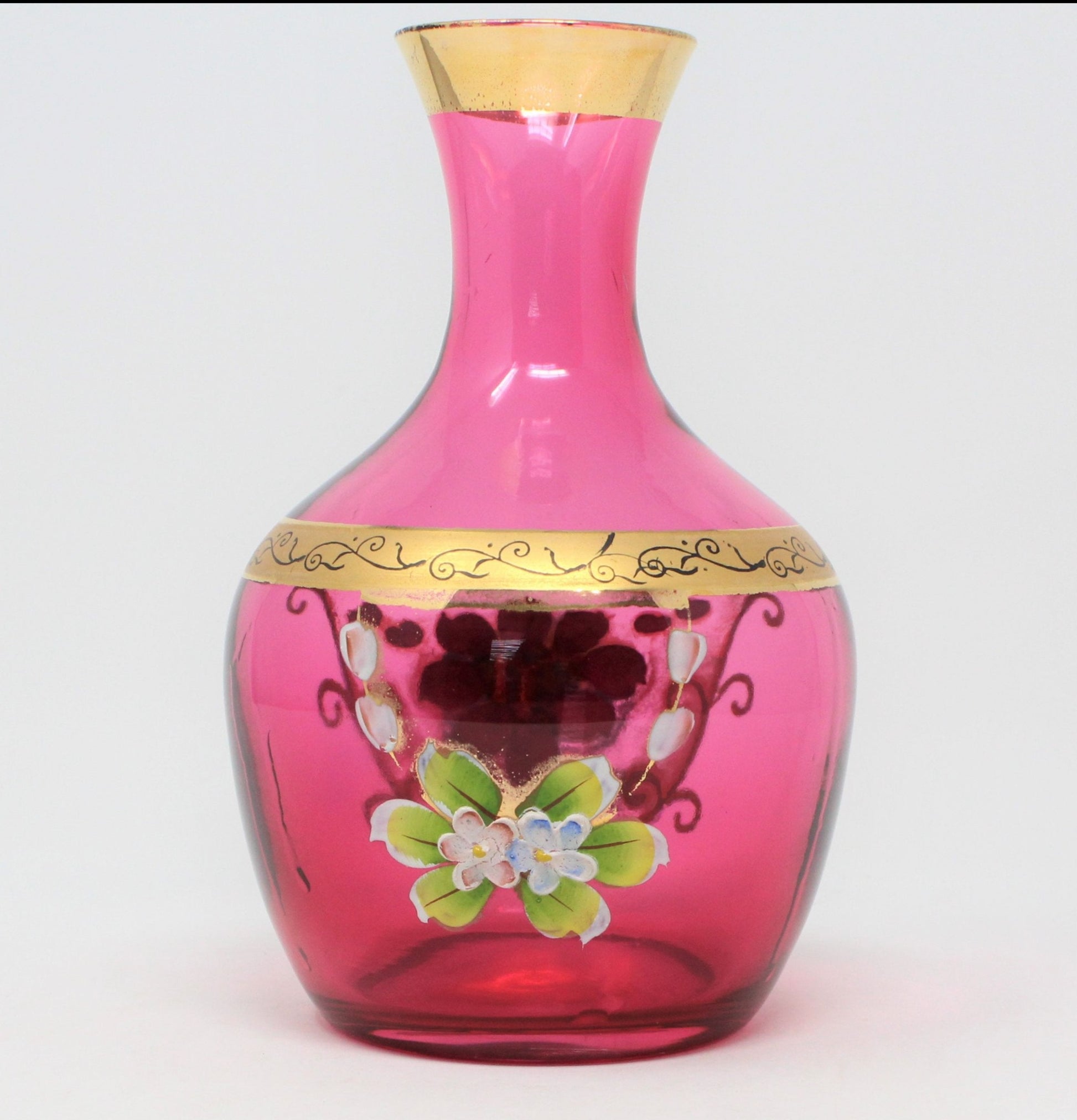 Elegant Victorian style vase, pink glass and hand painted flowers