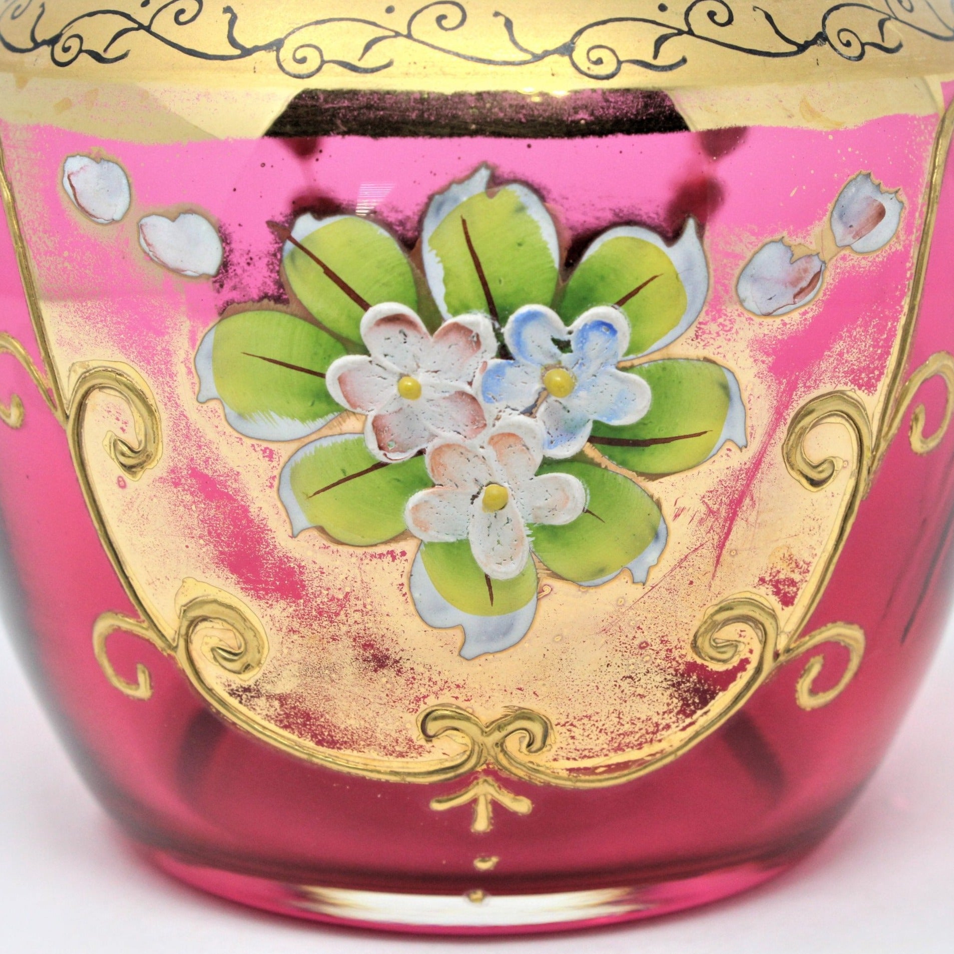 hand painted flowers on pink glass vase