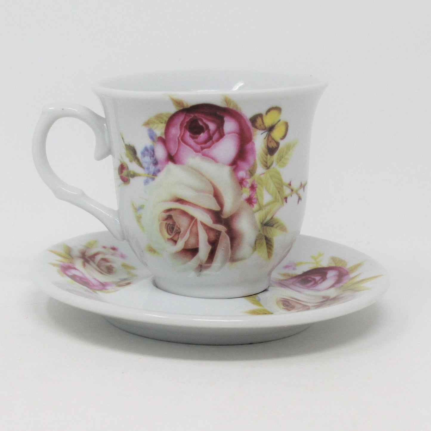 Teacup and Saucer, Pink & Peach Roses, Porcelain