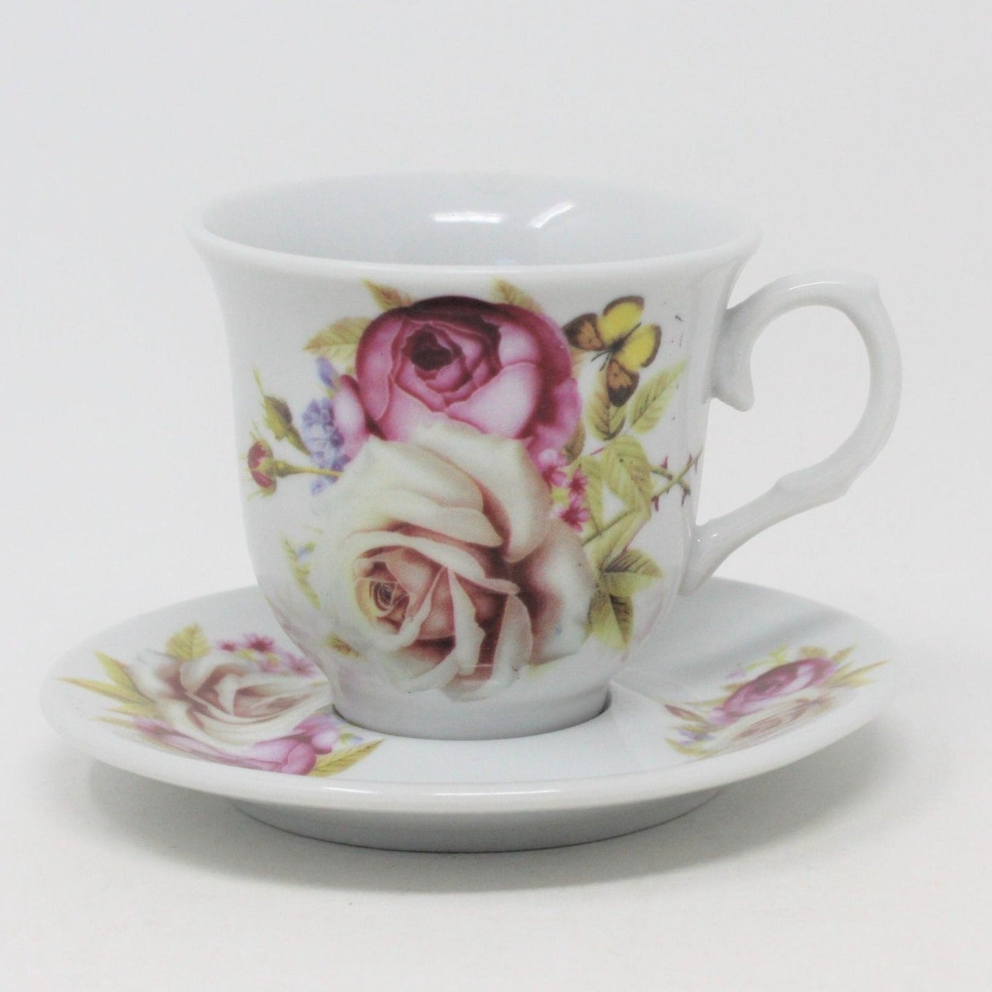 Teacup and Saucer, Pink & Peach Roses, Porcelain