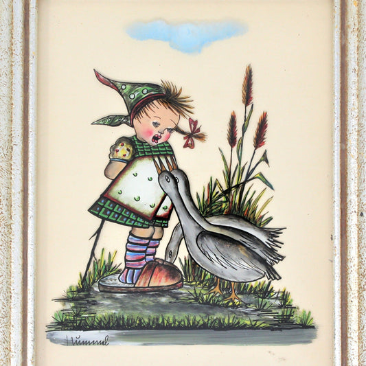 Painting, Hummel Girl with Geese, Reverse Painting on Glass, Framed, Vintage Germany
