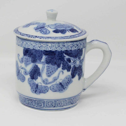 Mug with Lid, Blue & White Oriental Grapes/Berries Butterflies, China