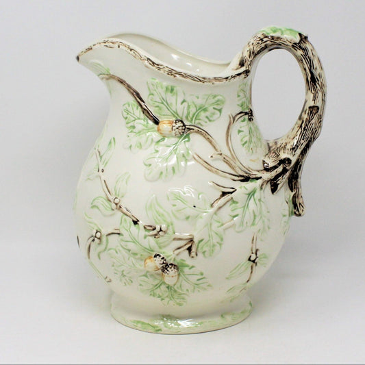 Vintage Ceramic Pitcher, Acorns & Oak Leaves, Faux Bois Handle, Fall Decor, Hand Painted Ceramic Pitcher, Autumn Theme