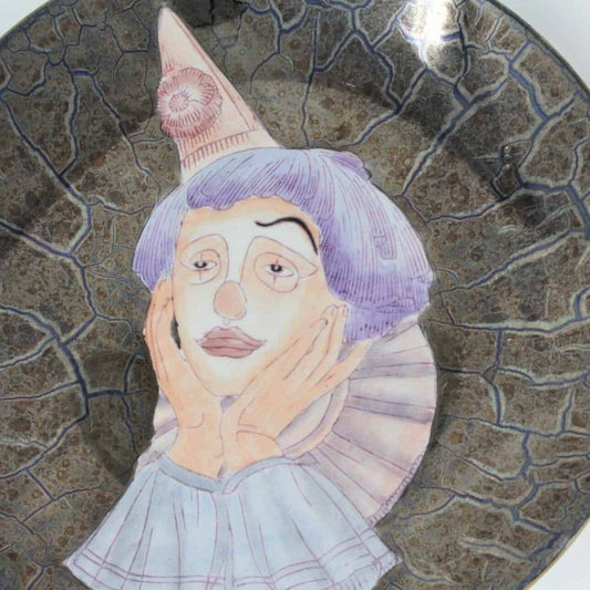 Decorative Plate, Sad Clown Face, Hand Painted, Blue Hair, Cone Hat, Vintage Home Decor