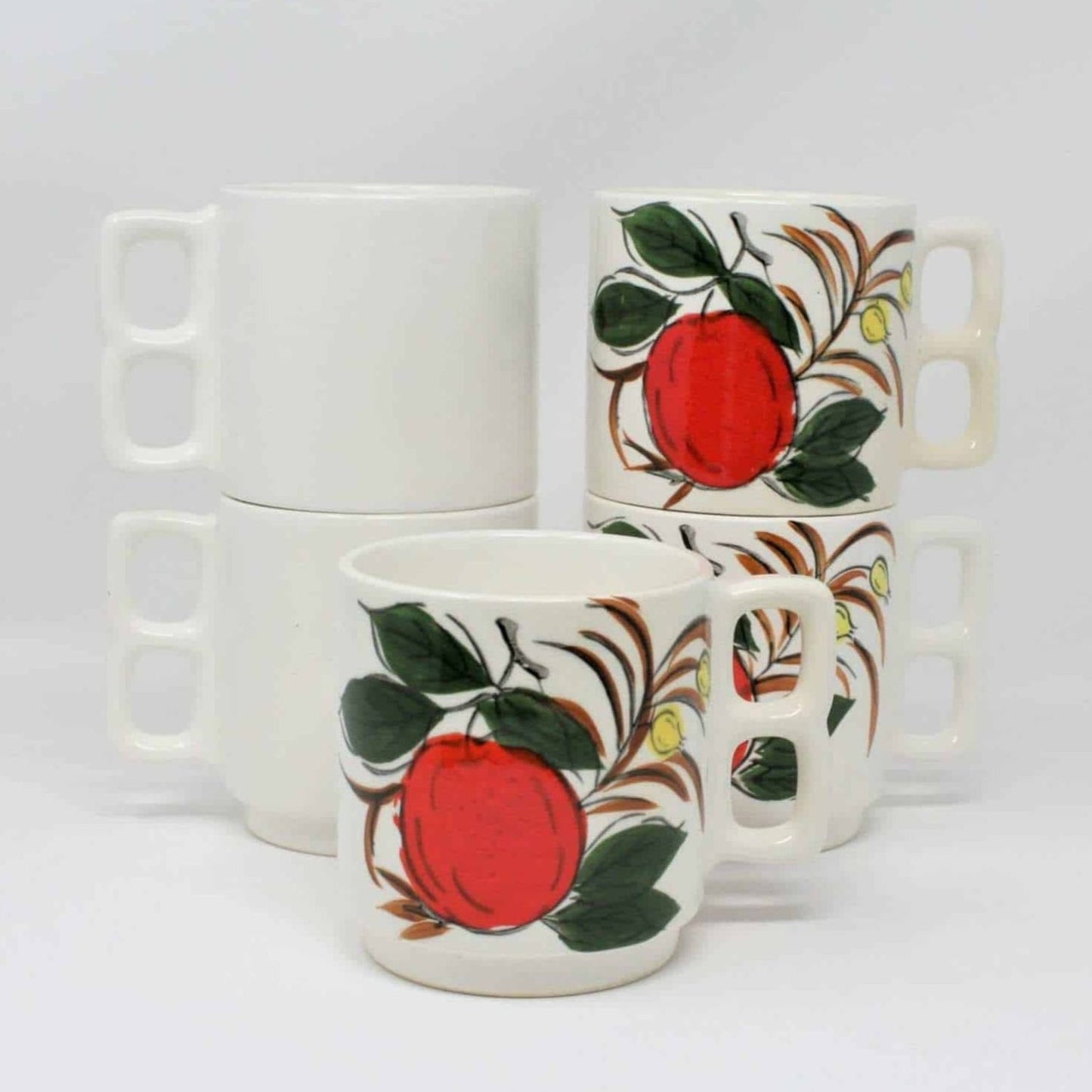 set of 5 vintage stackable mugs, hand painted apples