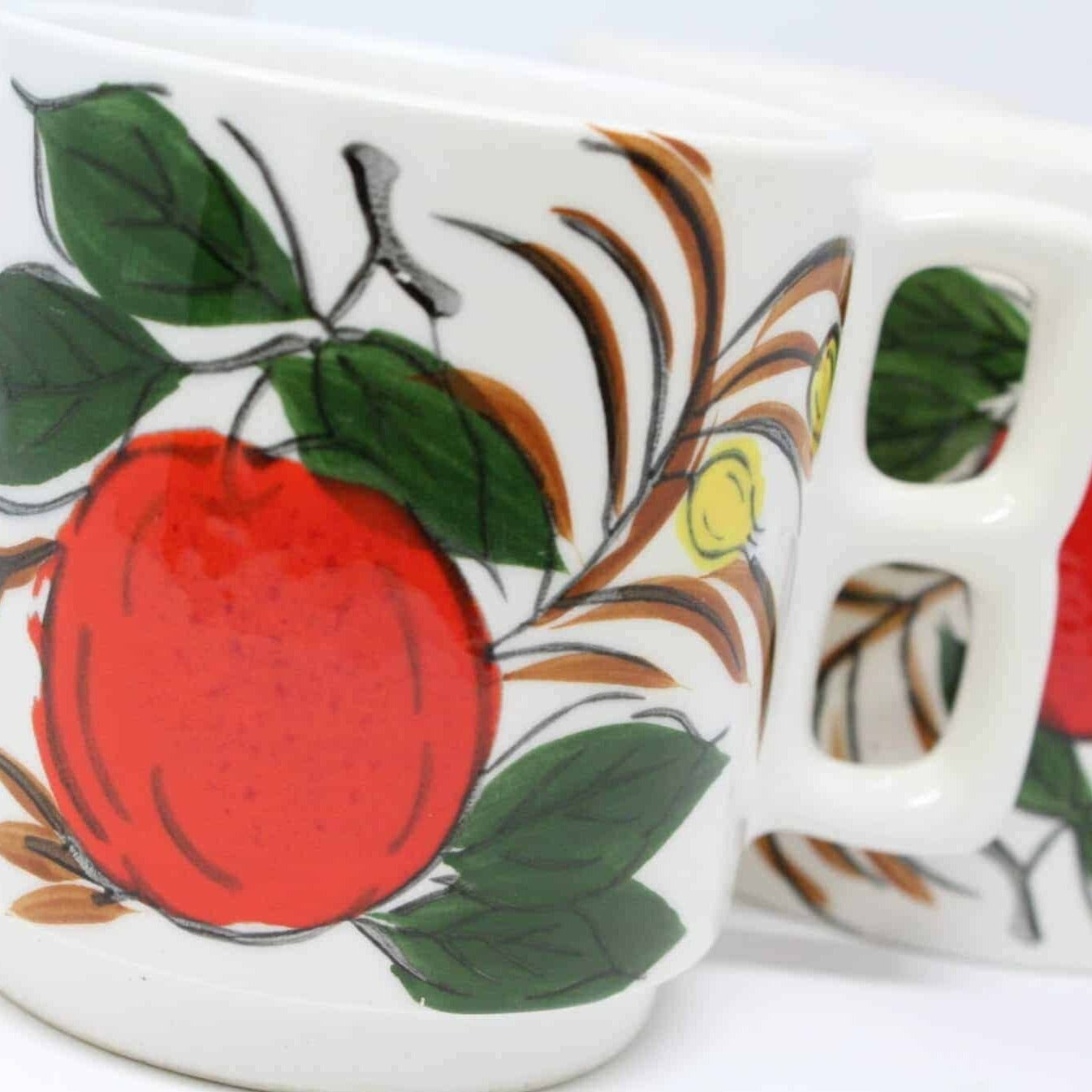 vintage mugs with double hole aka two finger handles, stackable