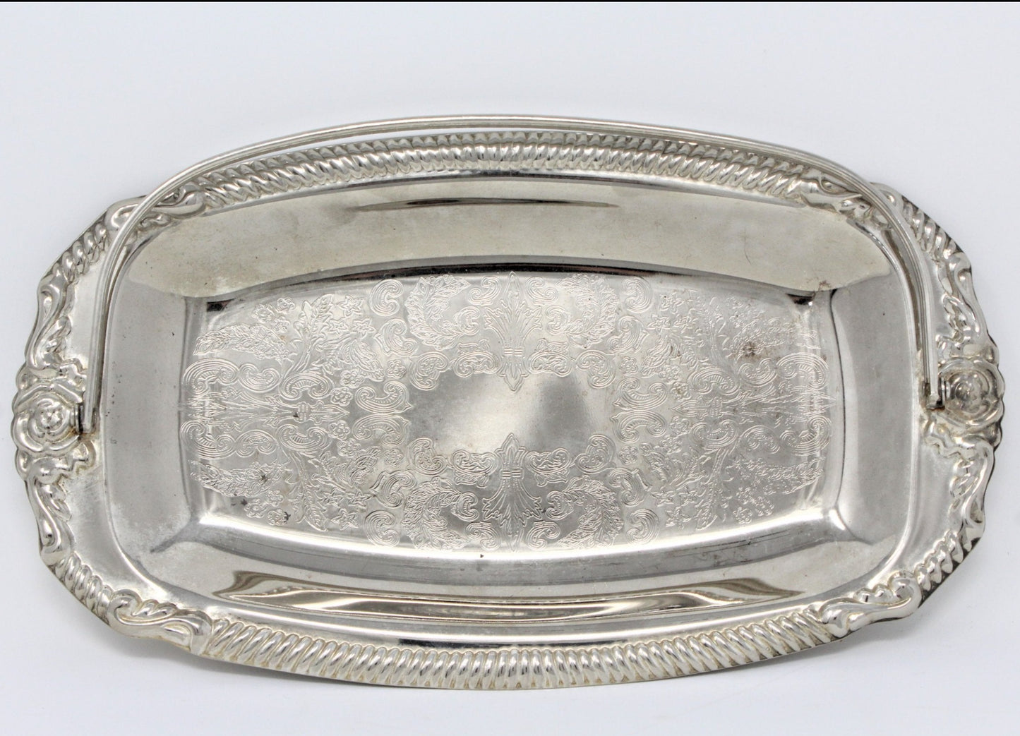 Tray, with Carrying Handle, Silverplate, Roses Motif, Mail Tray, Vintage Hong Kong