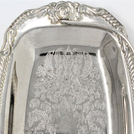 Tray, with Carrying Handle, Silverplate, Roses Motif, Mail Tray, Vintage Hong Kong