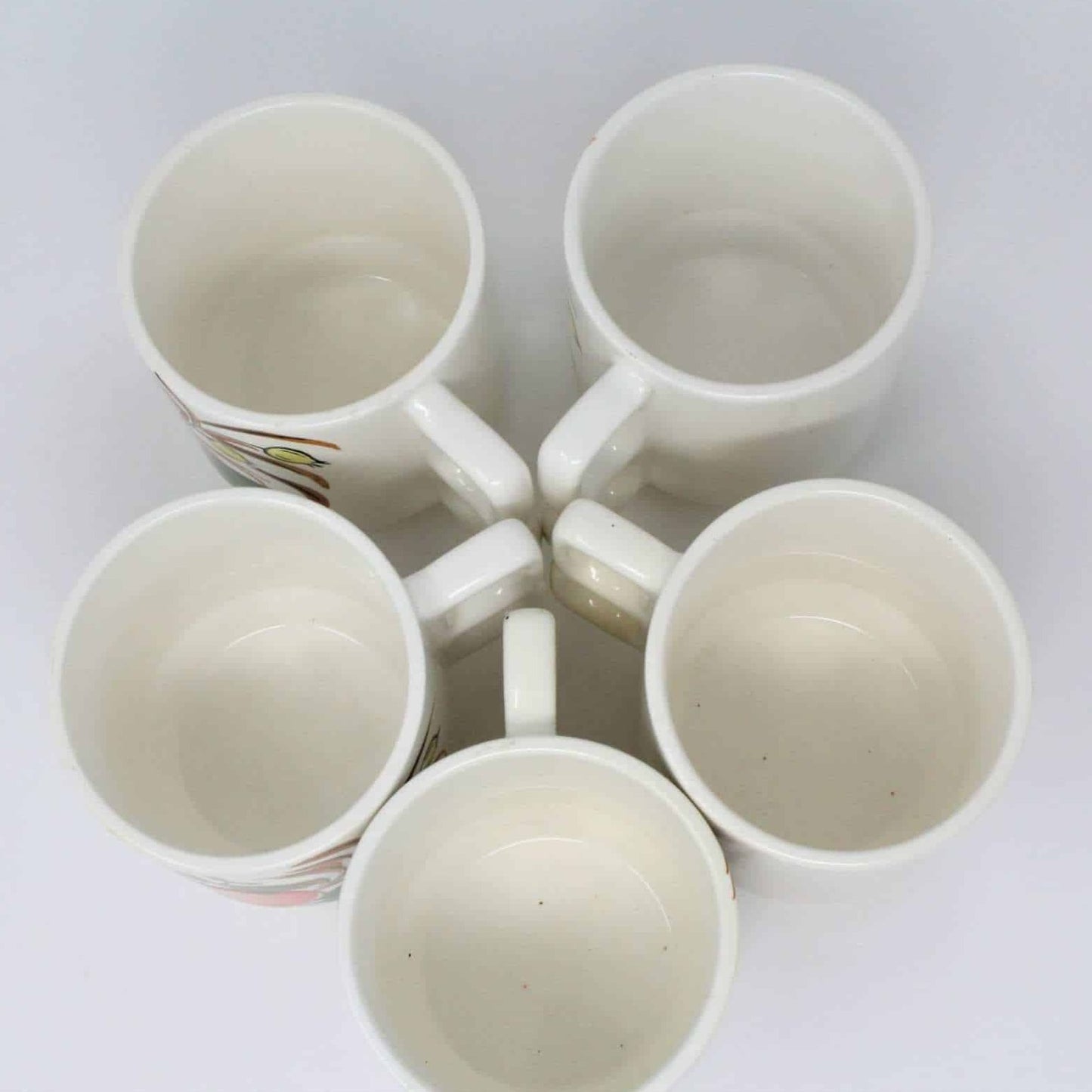 Mugs, Stackable Two Finger / Knuckle Handle, Apple Design, Set of 5, Ceramic, Vintage